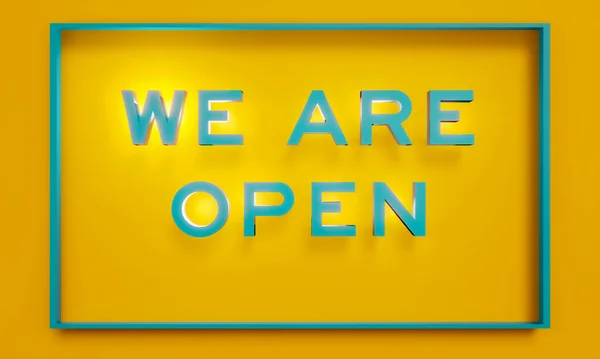 私たちは開いている オープンサイン 黄色のバナーは テール色のテキストです ケータリング 映画館 レストラン 公共の建物やオンラインストアのために 3Dイラスト — ストック写真