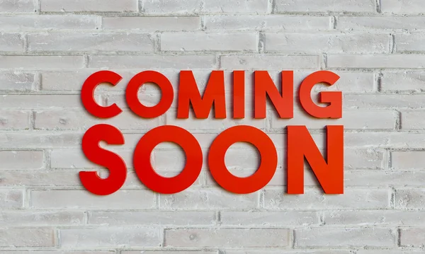 Coming soon. Banner with bricks and red text. Coming soon sign, useful for online shops, retail, openings, future events or occasions. 3D illustration