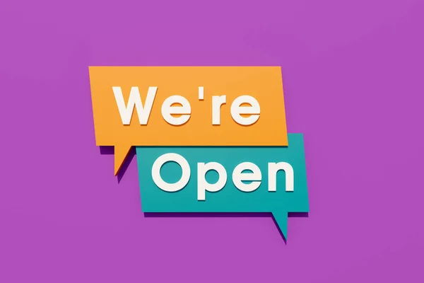 私たちは開いている 色のバナー サイン オレンジ 紫の色のスピーチバブル 白い文字でテキスト オープンストア ビジネスと発表のコンセプト 3Dイラスト — ストック写真