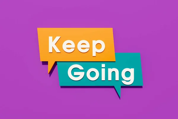 Keep Going. Colored banner, sign. Speech bubble in orange, purple and blue. Text game over in white letters. Continuity, motivation, positive emotion, inspiration and encouragement. 3D illustration