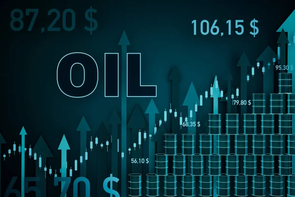 原油価格の上昇 チャートや矢印 積み上げられた石油バレル 商品チャートは 融資原油 エネルギー危機 供給と需要を移動 — ストック写真