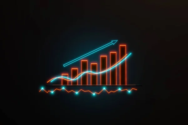 Bar graph and line moving up. Positive bar chart in orange. Business, financial figures, revenue, analyzing, growth, infographic, rising arrow, financial report.