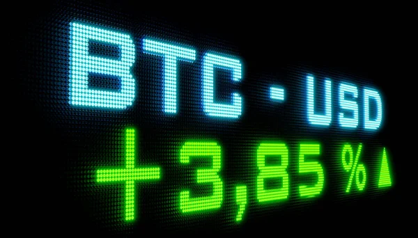 BTC - USD exchange rate. Crypto exchange trading LED screen. Bitcoin to the US Dollar rate moving up. Block chain technology, business, cryptocurrency trading and digital money. 3D illustration