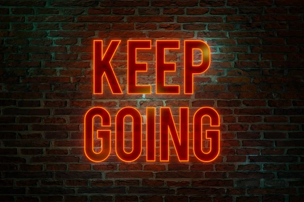 Brick Wall Night Text Keep Going Orange Neon Letters Way — Stock Photo, Image
