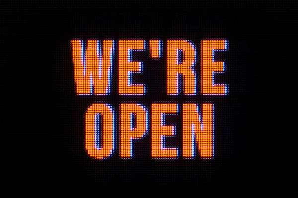 Jsme Volní Text Máme Otevřeno Oranžově Malý Podnik Otevřená Cedule — Stock fotografie