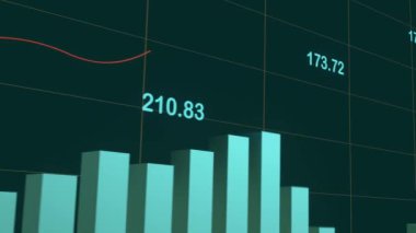 Finansal rapor, yükselen çıta grafiği. Çizelgesi, çizgileri, numaraları olan iş verileri. Ticaret, ilerleme, başarı, büyüme, finansal rakamlar ve artan gelir veya kazanç. 3 Boyutlu Canlandırma