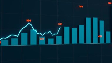 Yükselen hat ve bar tablosu ile iş raporu. Satır, mali durum ve çizelge içeren mali rapor. İş, ticaret, pazar verileri ve istatistikler. 3 Boyutlu Canlandırma