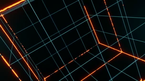オレンジ色の粒子を持つ青いワイヤーキューブ 青い回転ワイヤーキューブと暗い空間 ワイヤに沿って移動するオレンジ色の照明粒子を流れる 3Dアニメーション — ストック動画