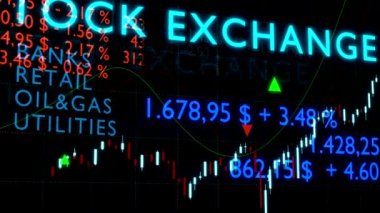Bankalar, perakende veya petrol ve doğalgaz gibi sektörlerle borsa ticaret ekranı ve tırnak içinde, hatlar ve grafikler. Borsa, ticaret ve borsa veri kavramı. 3 Boyutlu Canlandırma