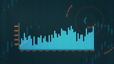 Yükselen bar tablosu, pozitif büyüme. Grafik yükseliyor. Pozitif mavi çizelge, yükselen turuncu çizgi. İş, finansal rakamlar, gelir, nakit akışı, analiz, büyüme, borsa ve takas. Soyut finansal konsept. 