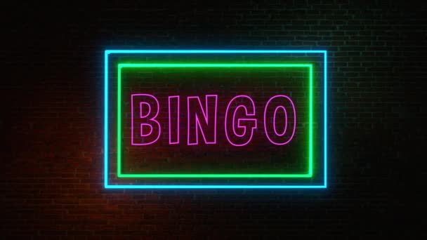 Bingo Výhra Prohra Slovo Bingo Fialovými Neonovými Písmeny Cihlová Zeď — Stock video