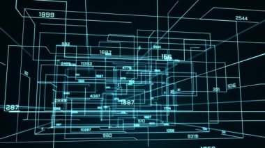 Dijital numaraları olan fütürist kablo küpleri. Mavi ışıklı tel küplü karanlık uzay. Kablolar arasındaki sayılar ve sayılar. Bilim, fizik, şekiller, matematik ve teknoji. 3 Boyutlu Canlandırma