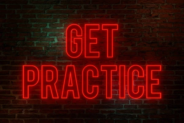 Get Practice Brick Wall Night Illuminated Neon Text Get Practice — Stock Photo, Image