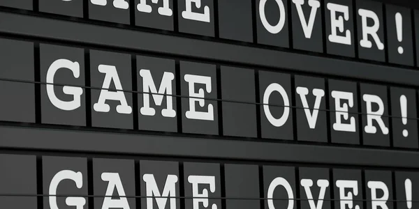 Black timetable display with the mesaage, game over in white letters. Leisure games, computer games, finishing, end, final game, challenge, video game. 3D illustration