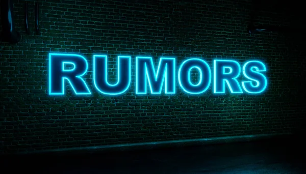 Voci Neon Muro Mattoni Notte Con Parola Rumors Lettere Blu — Foto Stock