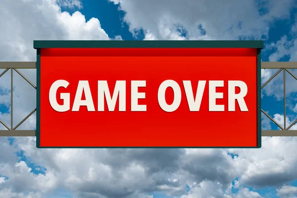 Game Over. Highway board with blue sky and clouds. Text, game over. Leisure games, finishing, end, final game, challenge, video game. 3D illustration