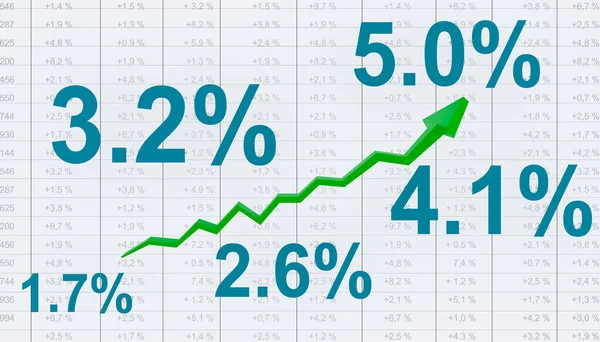 Процентные Ставки Растут Поднимающиеся Стрелы Процентные Знаки Фондовый Рынок Биржа — стоковое фото