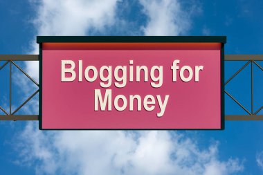 Para için blog yazıyorum. Karayolu tahtası, mavi gökyüzü ve bulutlar. Etkileyici, internet, internet işi, sosyal medya, takipçi, iletişim. 3B illüstrasyon