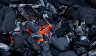 Mangal ızgarasında kömür közleri. Ateşe yakın çekim, parlayan kömür ve sıcak közler. Yaz, sıcak, sıcaklık, boş zaman aktivitesi, açık hava, barbekü sezonu.