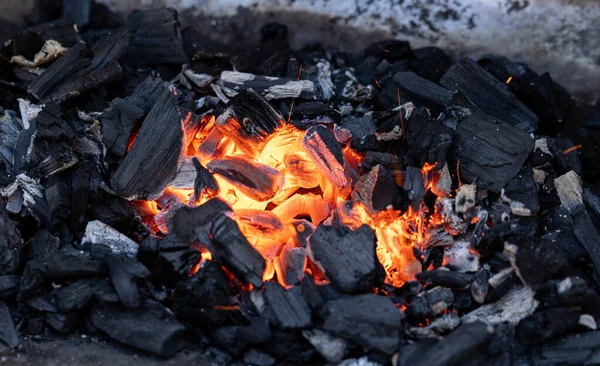 Charbon Bois Sur Barbecue Gros Plan Sur Feu Charbon Les — Photo