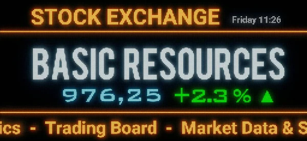 Basic Resources index. Stock market data, basic resources stocks price information and percentage changes on a screen. Stock exchange, business, sector index and trading concept. 3D illustration