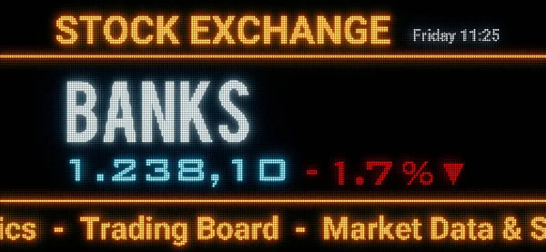 Banking index. Stock market data, banks stocks price information and percentage changes on a screen. Stock exchange, business, sector index and trading concept. 3D illustration