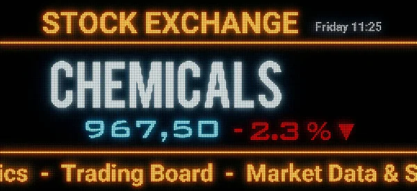 Chemicals index. Stock market data, chemical stocks price information and percentage changes on a screen. Stock exchange, business, sector index and trading concept. 3D illustration