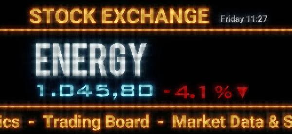 Energy index. Stock market data, energy stocks price information and percentage changes on a screen. Stock exchange, business, sector index and trading concept. 3D illustration