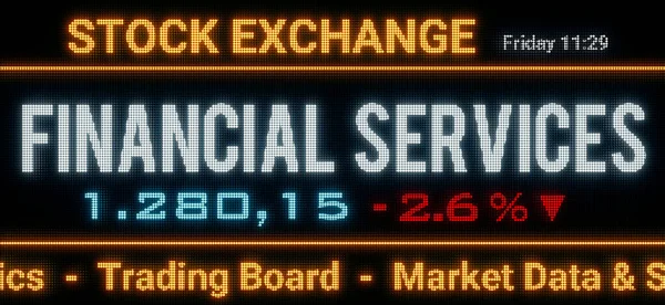 Financial Services index. Stock market data, financial services stocks price information and percentage changes on a screen. Stock exchange, business, sector index and trading concept. 3D illustration
