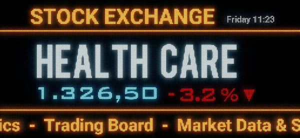 Health Care index. Stock market data, health care stocks price information and percentage changes on a screen. Stock exchange, business, sector index and trading concept. 3D illustration