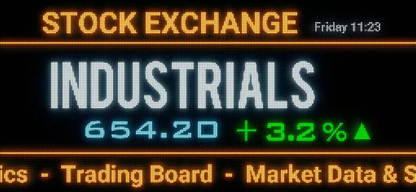 Industrials index. Stock market data, industry stocks price information and percentage changes on a screen. Stock exchange, business, sector index and trading concept. 3D illustration