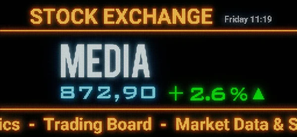 Media index. Stock market data, media stocks price information and percentage changes on a screen. Stock exchange, business, sector index and trading concept. 3D illustration
