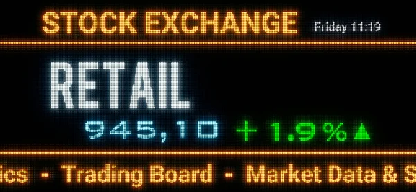 Retail index. Stock market data, retail stocks price information and percentage changes on a screen. Stock exchange, business, sector index and trading concept. 3D illustration