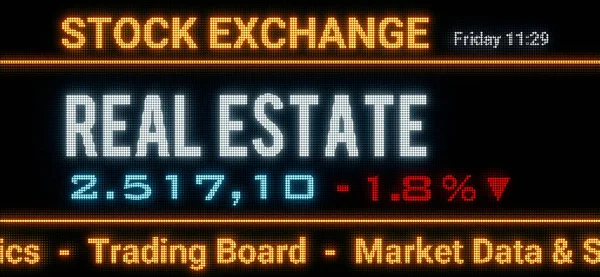Real Estate index. Stock market data, real estate stocks price information and percentage changes on a screen. Stock exchange, business, sector index and trading concept. 3D illustration