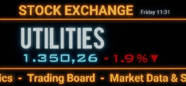 Utilities index. Stock market data, utilities stocks price information and percentage changes on a screen. Stock exchange, business, sector index and trading concept. 3D illustration