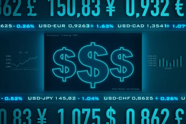 USD currency dashboard with market data. USD - EUR chart, trading volume, currency exchange rates. USD symbol, trading, business, stock market and exchange.