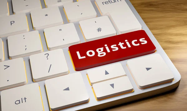Logistics, close-up computer keyboard. One key is red with the word logistics. Business, transport, finance. 3D illustration