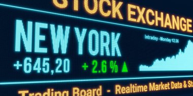 New York borsası yükseliyor. Pozitif borsa verileri, ekranda yükselen grafikler. Yeşil yüzde işareti, kâr ve yatırım. 3B illüstrasyon