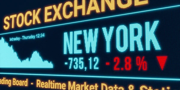 ニューヨーク 株式市場が下落 負の株式交換データ スクリーン上の落下チャート レッドパーセンテージサイン 3Dイラスト — ストック写真