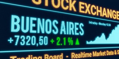 Buenos Aires, borsa yükseliyor. Pozitif borsa verileri, ekranda yükselen grafikler. Yeşil yüzde işareti, kâr ve yatırım. 3B illüstrasyon