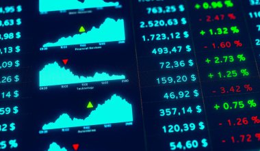 İş verileri ve bilgileri. Mali rakamlar, yüzde işaretleri, tablolar ve rakamlar ekranda. Ticaret, borsa ve takas, yatırım, piyasa araştırması. 3B illüstrasyon