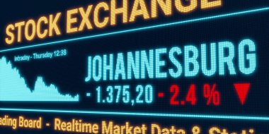 Johannesburg, borsa düşüyor. Negatif borsa verileri, ekranda düşen grafikler. Kırmızı yüzde işareti, kayıp ve yatırım. 3B illüstrasyon