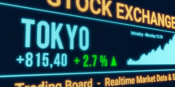 Tokyo, stock market moving up. Positive stock exchange data, rising chart on the screen. Green percentage sign, profit and investment. 3D illustration