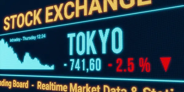 Tokio Mercado Valores Bajando Datos Negativos Bolsa Cayendo Gráfico Pantalla — Foto de Stock