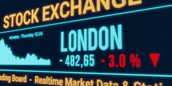 ロンドン 株式市場が下落 負の株式交換データ スクリーン上の落下チャート レッドパーセンテージサイン 3Dイラスト — ストック写真