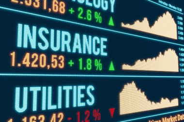 Borsa ve borsa, sigorta ve kamu hizmetleri sektörü verileri. Çizelge, finansal rakamlar, piyasa araştırması, iş dünyası, güvenlik endeksi, yatırım. 3B illüstrasyon