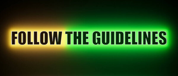 Follow The Guidelines. Colored glowing banner with the text, follow the guidelines.Manuel, rules, advice, business, instruction.