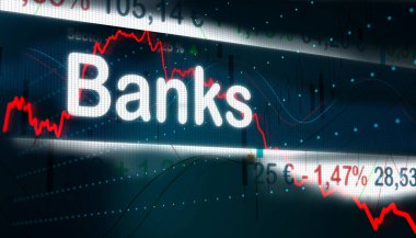 Bankaların indeks grafiği düşüyor. İş, grafik, veri, mali rakamlar, bankacılık krizi.