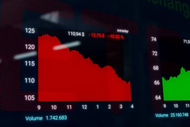 Kırmızı çizelge düşüyor. Borsa ve borsa. Monitörde yansıma. İş, yatırım, kriz, kayıp. 3B illüstrasyon.