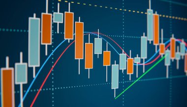 Mum çubuğu grafiği. Borsa ve değişim ekranı grafikleri ve trend çizgileri, hareket ortalamaları. İş, ticaret, büyüme, yatırım, kâr, bankacılık kavramı. 